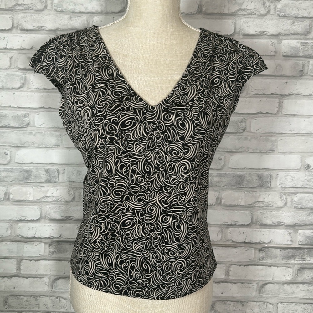 Studio M Black White Pattern 90s Office Top Blouse